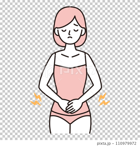 便秘や生理痛などで腹部が痛む若い女性のシンプルイラスト ピンク 便秘や生理痛などで腹部が痛む若い女性のシンプルイラスト ピンク 110979972