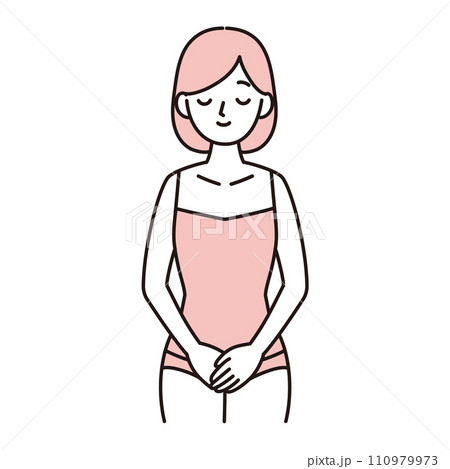 デリケートゾーン・下腹部に手を当てて微笑む若い女性のシンプルイラスト　ピンク 110979973