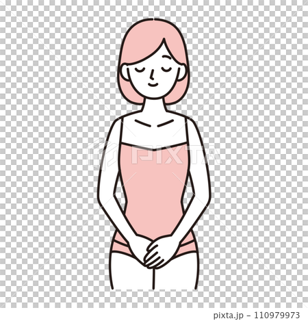 デリケートゾーン・下腹部に手を当てて微笑む若い女性のシンプルイラスト　ピンク 110979973