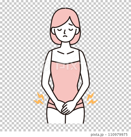 Simple illustration of a young woman with pain in her genitals, uterus, and lower abdomen, pink Simple illustration of a young woman with pain in her genitals, uterus, and lower abdomen, pink 110979975