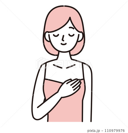 胸を触る・しこりをチェックする女性のシンプルイラスト　ピンク 110979976