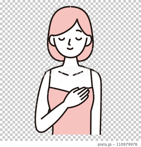 胸を触る・しこりをチェックする女性のシンプルイラスト　ピンク 110979976