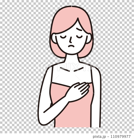 A simple illustration of a woman who has breast problems such as lumps and mastitis and touches her breasts with an anxious expression - pink A simple illustration of a woman who has breast problems such as lumps and mastitis and touches her breasts with an anxious expression - pink 110979977