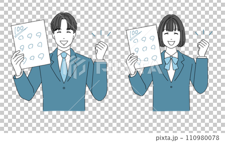 Male and female students fist pumping after getting 100 points Male and female students fist pumping after getting 100 points 110980078