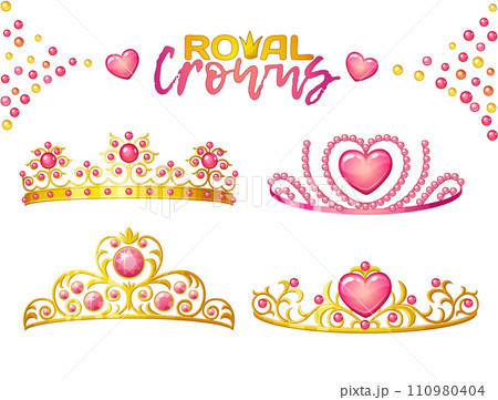 Princess crowns with heart gems isolated on white background, golden female tiaras vector icons collection Princess crowns with heart gems isolated on white background, golden female tiaras vector icons collection 110980404