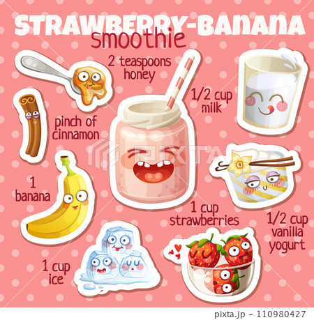 Strawberry Banana smoothie recipe illustration with funny characters Strawberry Banana smoothie recipe illustration with funny characters 110980427