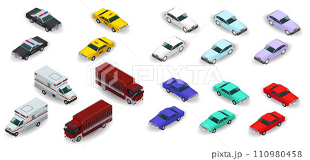 3d isometric police, taxi, ambulance, fire truck, urban car icons. Illustration isolated on white background 110980458