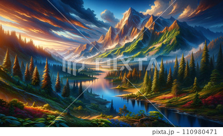壮大な自然の風景 - 山々と森林の日の出「AI画像」 壮大な自然の風景 - 山々と森林の日の出「AI画像」 110980471