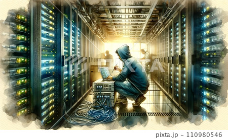 Generative AI The image features a person standing in a data center aisle between two rows of server racks, working on a laptop. 110980546