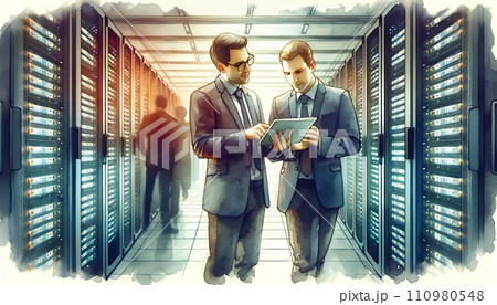 Generative AI The image depicts two professionals in suits discussing over a tablet in a server room filled with racks. 110980548