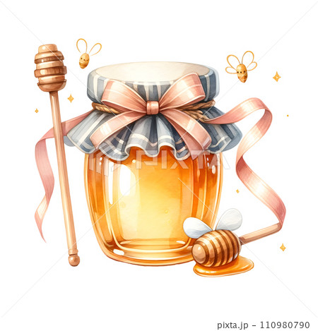 Honey jar with dipper stick 110980790