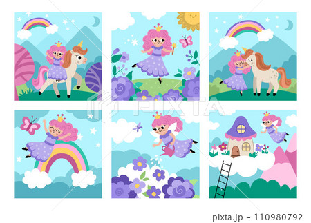 Vector fairy scenes set. Square backgrounds collection with little princess. Magic or fantasy world illustrations with girl, unicorn, rainbow, cottage on cloud. Fairytale landscape for kids 110980792