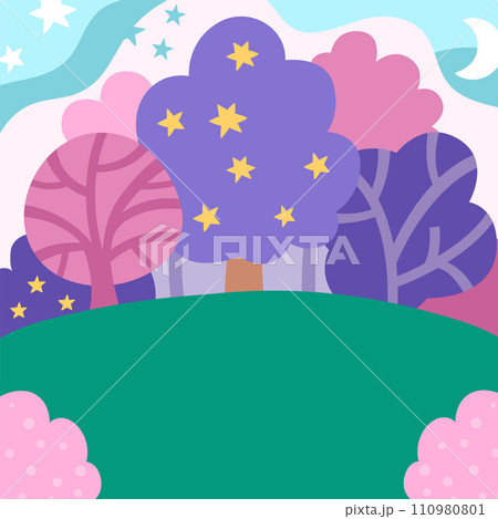 Vector abstract background with magic forest, purple and pink trees, stars, green field. Magic or fantasy world scene. Cute fairytale square nature landscape. Night sky illustration for kids Vector abstract background with magic forest, purple and pink trees, stars, green field. Magic or fantasy world scene. Cute fairytale square nature landscape. Night sky illustration for kids 110980801