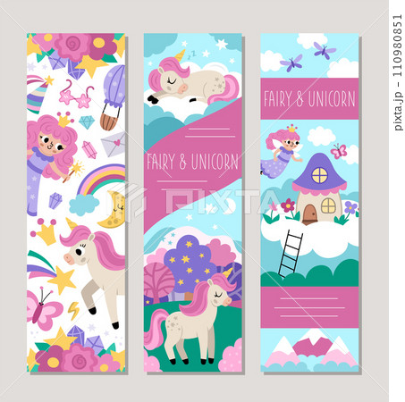 Cute unicorn vertical cards set with fairy, castle, magic forest, rainbow. Vector fairytale vertical print templates. Fantasy world bookmark design for tags, postcards, ads, party, holiday, birthday Cute unicorn vertical cards set with fairy, castle, magic forest, rainbow. Vector fairytale vertical print templates. Fantasy world bookmark design for tags, postcards, ads, party, holiday, birthday 110980851