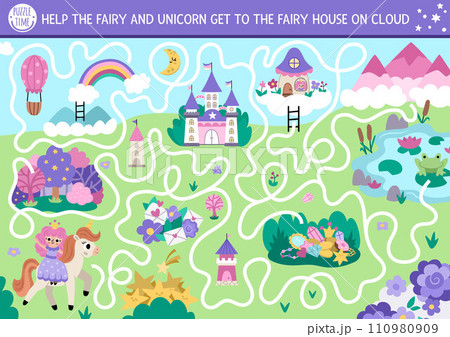Unicorn maze for kids with fantasy country map, castle, fairy house. Magic world preschool printable activity with mountains, pond, rainbow, forest, path. Fairytale labyrinth game or puzzle Unicorn maze for kids with fantasy country map, castle, fairy house. Magic world preschool printable activity with mountains, pond, rainbow, forest, path. Fairytale labyrinth game or puzzle 110980909