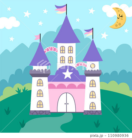 Vector square background with unicorn castle, field, clouds, stars. Fantasy world scene with palace, purple roofs, towers. Fairytale landscape for card, book. Cute kingdom illustration for kids 110980936