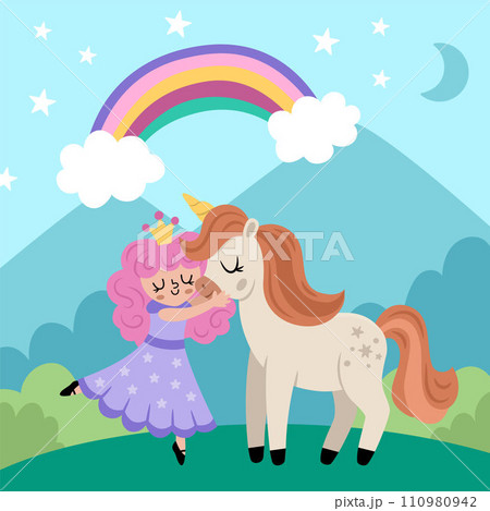 Vector square background with fairy princess hugging unicorn under stars. Magic or fantasy world scene. Fairytale landscape with forest, mountain, rainbow. Cute night sky illustration for kids 110980942