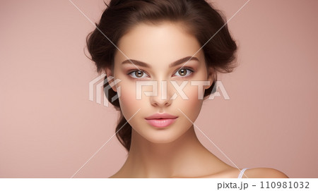 Generative AI The image showcases a young woman with a serene and elegant demeanor, her delicate features complemented by subtle makeup. 110981032