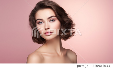 Generative AI The image showcases a young woman with a serene and elegant demeanor, her delicate features complemented by subtle makeup. 110981033