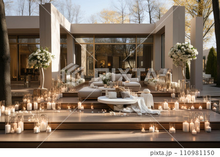 Lounge area at an outdoor wedding banquet decorated with white flowers and couch Lounge area at an outdoor wedding banquet decorated with white flowers and couch 110981150