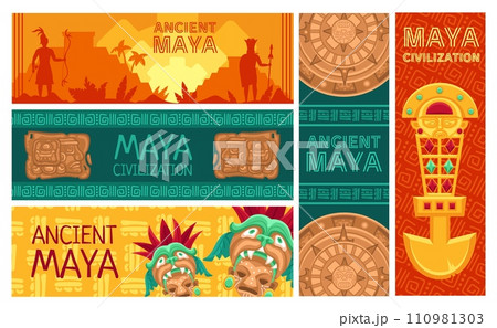 Maya civilization banners. Ancient Mayan calendar, pyramids and Mesoamerican traditional artifacts vector design template set Maya civilization banners. Ancient Mayan calendar, pyramids and Mesoamerican traditional artifacts vector design template set 110981303