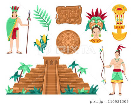 Maya civilization. Majestic pyramid, ancient Maya calendar wheel, people adorned with traditional headdresses and garments vector illustration set 110981305