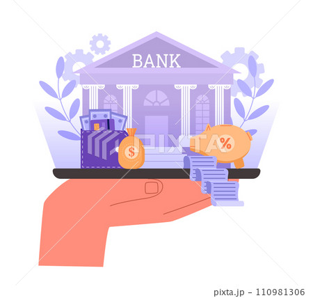 Online banking. Digital finance management concept with bank building, cash wallet and savings piggy bank on mobile app vector illustration 110981306