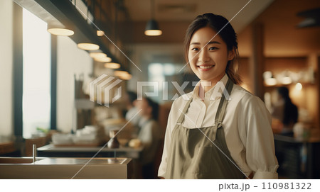 Generative AI Asian female waitress smiling with confidence in restaurant. 110981322