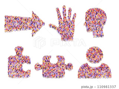 Society icons. People crowd forming community direction arrow, helpful hand and team head. Person and jigsaw puzzle piece employee forum icon vector illustration set 110981337