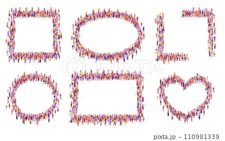 Top view crowd frames. Community unity frame with diverse group of people forming square, oval, circle, rectangle and heart shape borders vector set 110981339