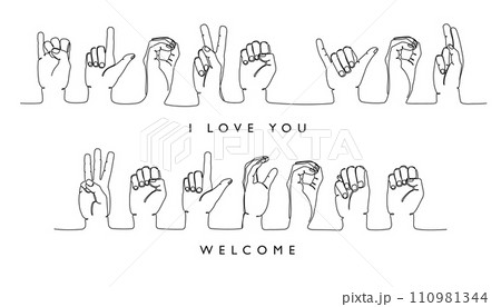 Sign deaf language. I love you and welcome word in American sign language ASL hand gestures continuous one line educational vector illustration set 110981344