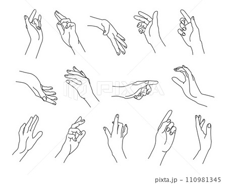 Set of linear human palms. Hand gestures for pointing, holding, snapping and gentle touch isolated vector line illustration set 110981345