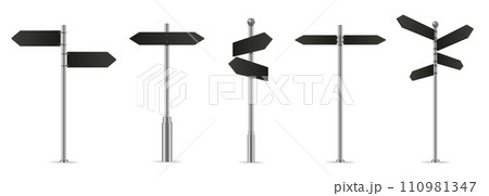 Finger Post. 3D wayfinding sign, black multi directional fingerposts isolated realistic vector illustration set 110981347