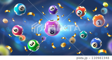 Bingo balls splash background. Floating lotto game ball, golden coins and confetti, lucky gambling winner celebration vector illustration 110981348