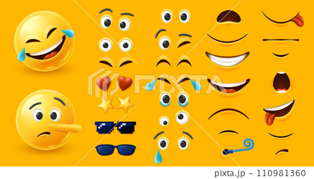 Emoji character kit. Custom emoticon constructor with different eyes and mouth shapes elements combinations for unique facial expression design Emoji character kit. Custom emoticon constructor with different eyes and mouth shapes elements combinations for unique facial expression design 110981360