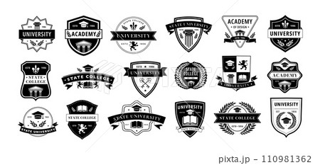 Education badge. Monochrome labels for university, academy and college branding. Academic insignia vector emblems set 110981362