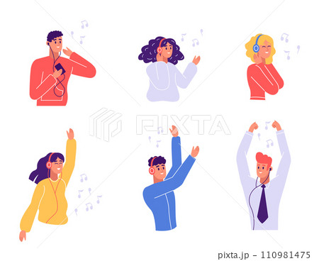 People listening music in earphones and headphones People listening music in earphones and headphones 110981475