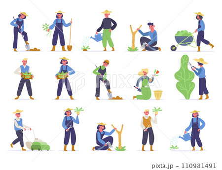 Garden worker collection with work tools. Vector of gardening 110981491
