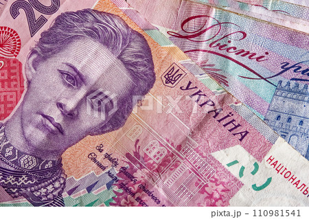 This close-up photo provides a detailed perspective of Ukrainian money, showcasing the diversity of Hryvnia banknotes, including the two hundred hryvnias denomination. 110981541