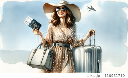 Generative AI The image depicts a smiling young woman in a summer dress with luggage, a passport, and a boarding pass, ready to travel. 110981710