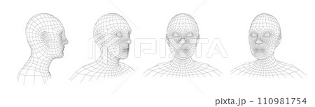 Wireframe human head. Retro wired mesh face, polygonal matrix man portrait and 3D hologram heads vector illustration set with editable stroke paths 110981754
