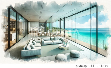 Generative AI The image showcases an elegant, contemporary beachfront villa with seamless indoor-outdoor living space, harmoniously blending with the tranquil seascape. 110981849
