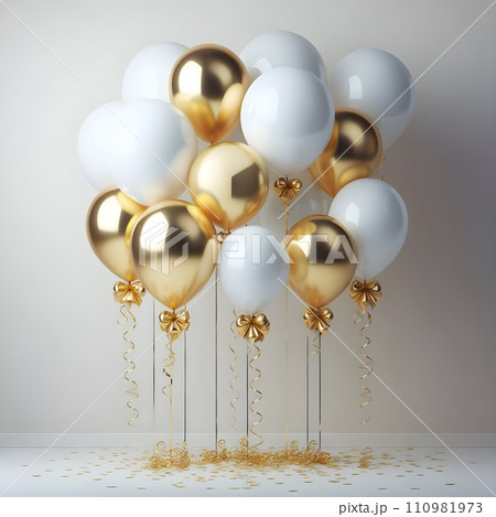 Gold balloons, each supported by ribbons. 110981973