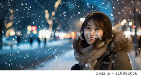 AI-generated content. Back view of close up of a woman walking in snowy winter night park. AI generative 110982056