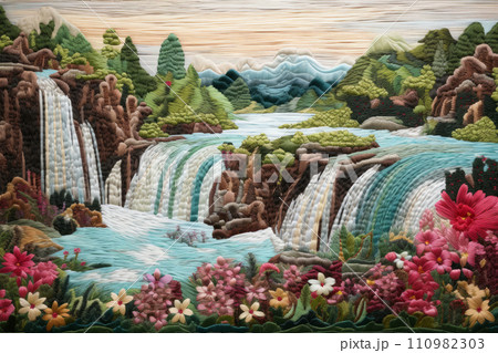 Embroidery colorful  landscape with a waterfall 110982303