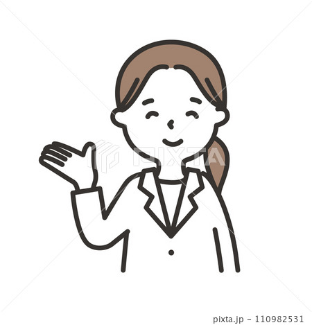 白衣を着た女性がこちらと案内するイラスト 白衣を着た女性がこちらと案内するイラスト 110982531