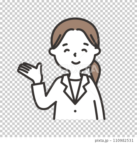 白衣を着た女性がこちらと案内するイラスト 白衣を着た女性がこちらと案内するイラスト 110982531