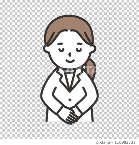 白衣を着た女性がにこやかにおじぎをするイラスト 白衣を着た女性がにこやかにおじぎをするイラスト 110982533