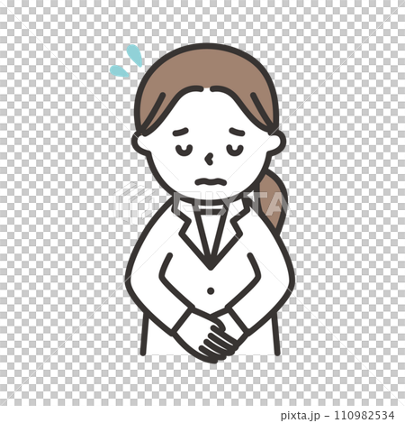 白衣を着た女性が困り顔で謝罪をするイラスト 白衣を着た女性が困り顔で謝罪をするイラスト 110982534