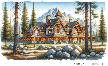 Generative AI This watercolor depicts a grand lodge in a mountainous forest setting. Generative AI This watercolor depicts a grand lodge in a mountainous forest setting. 110982610